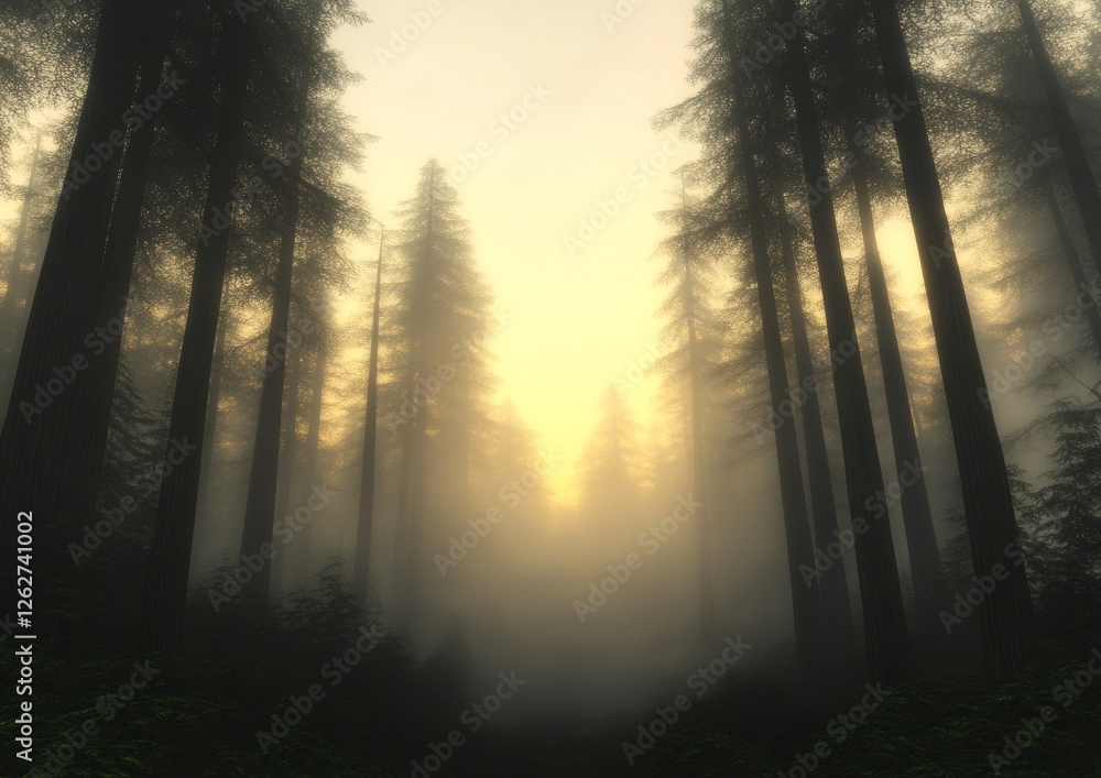 Poster a serene forest scene shrouded in mist, illuminated by a soft light, creating a mystical and tranqui