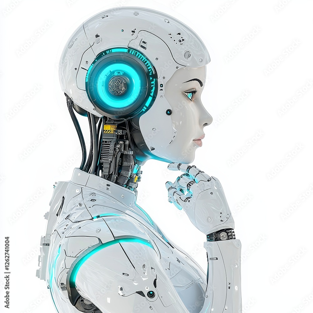 Poster ai robot reflecting, side view, isolated on a clear transparent background