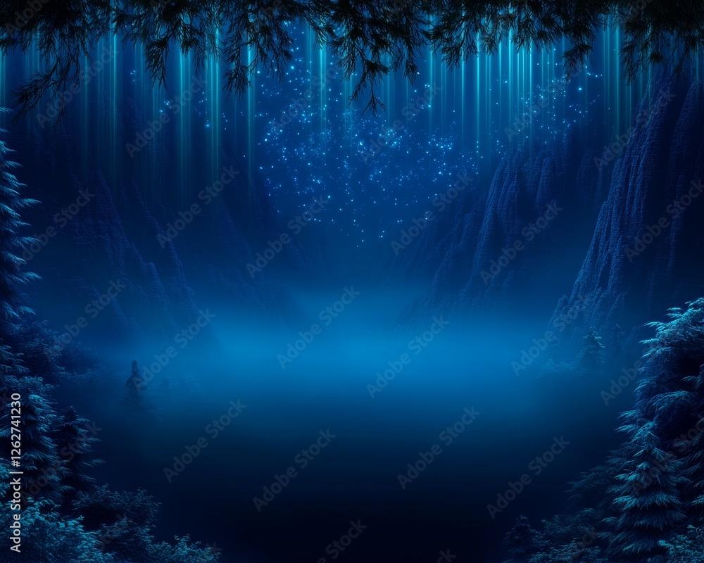 Poster a serene underwater scene illuminated by glowing particles, creating a mystical atmosphere with deep