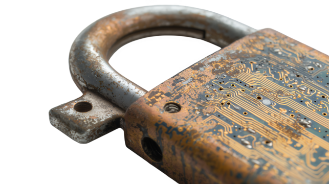 a rusty padlock with a key on a transparent background, PNG image, PNG file, Generative art.