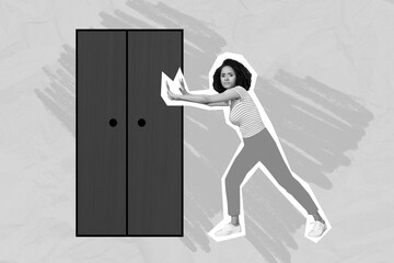 Composite collage image of black white effect girl push huge closet isolated on drawing creative...