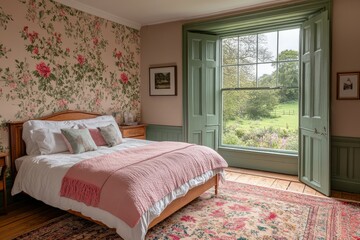 Cozy bedroom with floral wallpaper and scenic view through large open window overlooking a lush...