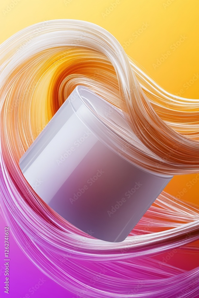 Poster a vibrant abstract design featuring a swirling wave of color around a sleek, white cylindrical conta