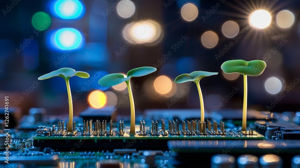 Poster glowing plants growing from computer components against a blurred tech background