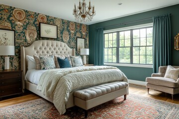 Fototapeta premium Elegant bedroom interior with patterned wallpaper and plush furnishings in a cozy home setting