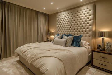Elegant bedroom design featuring a luxurious tufted headboard and calming color palette for a relaxing atmosphere