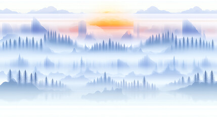 Obraz premium Misty Blue Forest Landscape Sunrise Serenity with Distant Mountains and Glowing Orange Sky Graphic