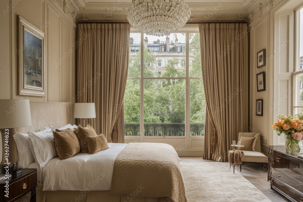 Poster elegant bedroom with large windows and views of greenery in a city setting during late afternoon lig