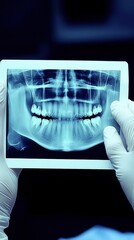 Dental X-Ray Examination Close-up of Gloved Hands Holding Panoramic Jaw Radiograph