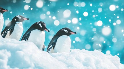 Obraz premium Group of penguins walking in snow with a blurred icy background, creating a serene winter scene