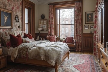 Elegant bedroom with vintage decor featuring rich textures, warm colors, and a cozy seating area