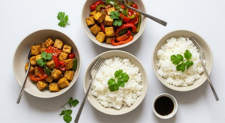Delicious Tofu Stir Fry and Rice Bowls on a White Background