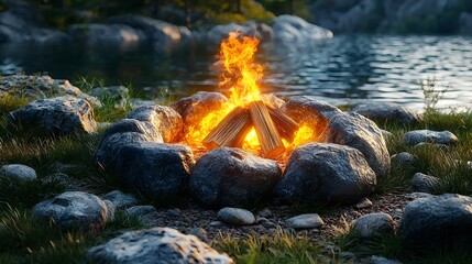 Fototapeta premium Surreal Campfire with Mythical Creature Flames Casting Glowing Shadows on Surrounding Rocks