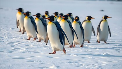 Fototapeta premium a group of penguins walking in the snow