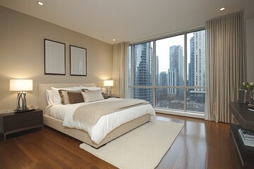 Obraz premium Modern bedroom featuring large windows with city views and neutral decor in a high-rise apartment
