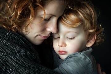 Redhead mother cuddling her sleeping son with closed eyes, showing love and affection in a heartwarming portrait
