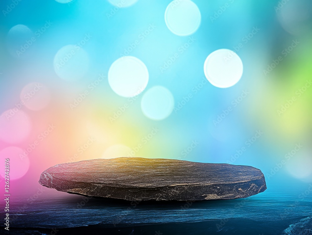 Poster a smooth, round stone rests on a textured surface, surrounded by a colorful, blurred bokeh backgroun