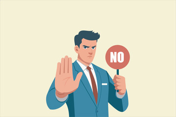 Stop sign and rejection concept. Young serious man standing with red sign stop in hands and showing his palm with refusing emotion.