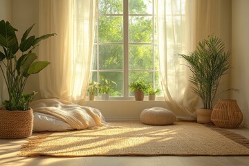 Bright and serene indoor space with plants and soft textiles inviting relaxation during the day