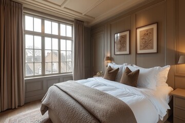 Cozy bedroom with elegant decor and large windows overlooking an urban landscape in soft afternoon light