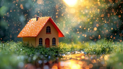 This image captures a charming miniature house, adorned with raindrops and warm glowing lights, surrounded by a soft, bokeh background evoking a cozy, magical atmosphere.