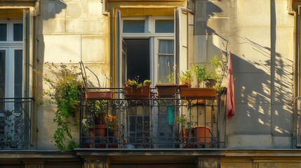 Balcony garden adorned with vibrant plants in Parisian apartment during golden hour. Generative AI