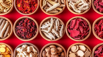 Colorful assortment of dried herbs and spices in wooden bowls on a vibrant red background