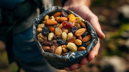 A hiker enjoys a colorful trail mix filled with nuts and dried fruits while exploring a scenic outdoor area. This healthy snack fuels their adventurous spirit amid the wilderness.