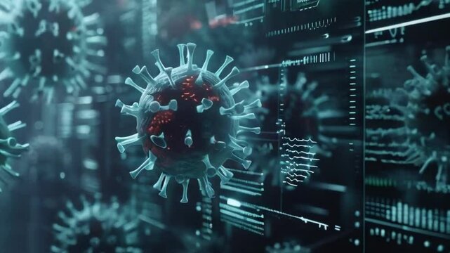 Virus infection the cell and mutating microscopic scientific research concept view. Animation of corona virus covid-19 Close-up of virus cells or bacteria on dark background3