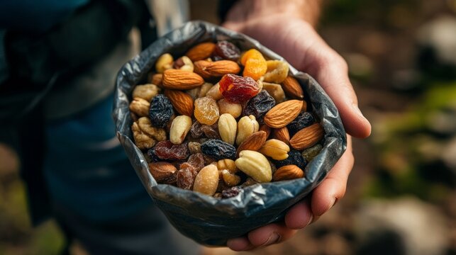 A hiker enjoys a colorful trail mix filled with nuts and dried fruits while exploring a scenic outdoor area. This healthy snack fuels their adventurous spirit amid the wilderness.