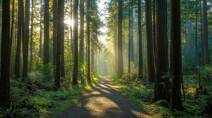 Fototapeta premium Nature pathway adventure serene forest landscape photography morning light tranquil atmosphere outdoor exploration