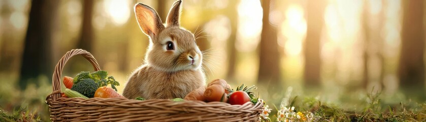 Obraz premium A cute rabbit sits in a basket filled with fresh vegetables and fruits, surrounded by a serene, sunlit forest setting.