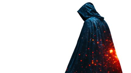 a dark figure in a blue robe with a hood covered in stars PNG image, PNG file, Generative art.
