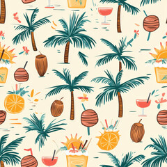 A tropical island pattern with palm trees, coconuts, and tiki drinks under a bright sun