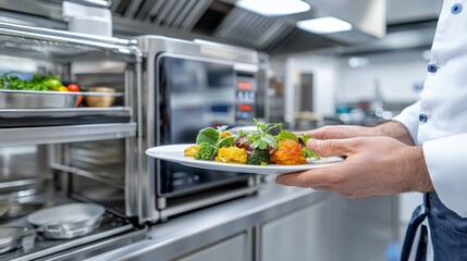 Chef Presenting Gourmet Dish in Modern Kitchen