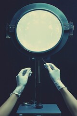 Fototapeta premium Scientist Adjusting Fine Wires on a Circular Apparatus with Illuminated Diffuser