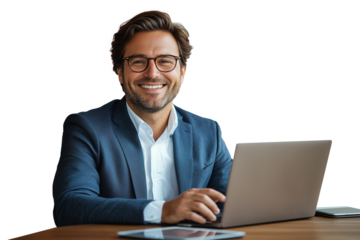 young businessman working on laptop on white