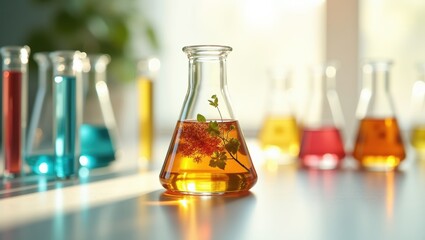 Botanical Research Erlenmeyer Flask with Plant Sample and Colorful Liquids in Background