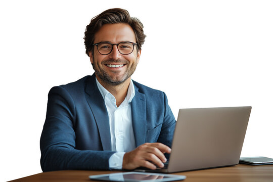 young businessman working on laptop on white
