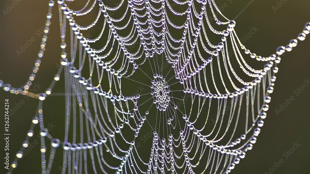 Poster close-up video of a spider web with dew drops, captured at eye level. the intricate pattern glistens
