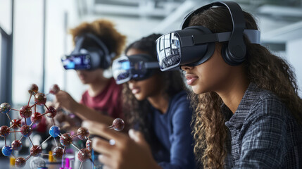 Students engaged in virtual reality learning classroom educational content modern environment close-up technology exploration