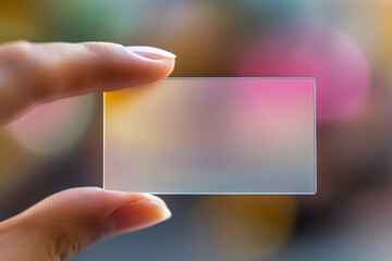 Frosted acrylic business card held between fingers against a soft pastel backdrop