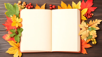 Open Blank Book Surrounded by Autumn Leaves on Wooden Surface for Creative Writing and Journaling