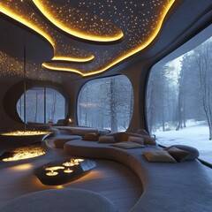 Fototapeta premium Luxurious interior space with unique design overlooking a winter wonderland