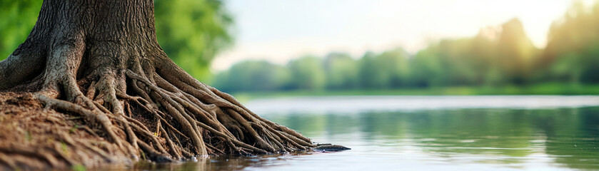 of tree roots by serene river, showcasing nature beauty and tranquility