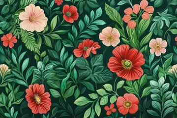 Vibrant floral pattern featuring rich red and pink blossoms against a dark green background, perfect for spring themed designs, textiles, and decor