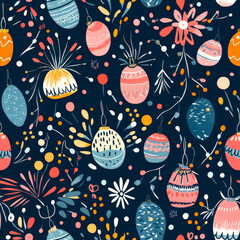 Fototapeta premium A whimsical seasonal festival pattern with Easter eggs, summer fireworks, autumn harvest, and Christmas lights