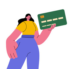 Woman Holding Credit Card Illustration. Modern flat vector illustration. Perfect for banking, finance, e-commerce, digital payments, and fintech concepts. Bright and minimalistic design.