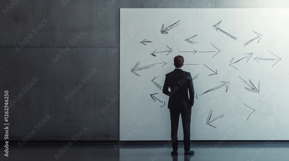 Poster businessman facing arrows pointing in various directions on a whiteboard, representing confusion and