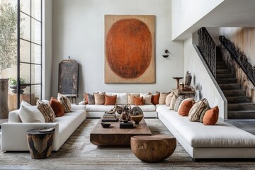 Modern living room with minimalist design featuring earthy tones and comfortable seating...